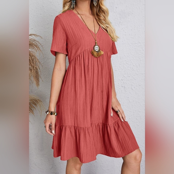 Full Size Ruched V-Neck Short Sleeve Dress - Picture 2 of 5